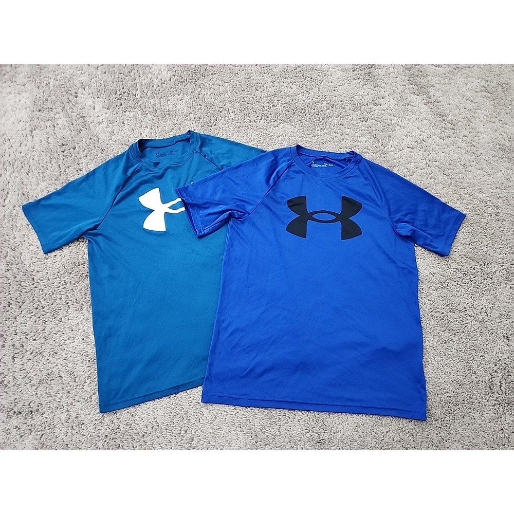 Lot of 2 Under Armour T Shirt Youth Boys L Blue Logo Loose Athletic